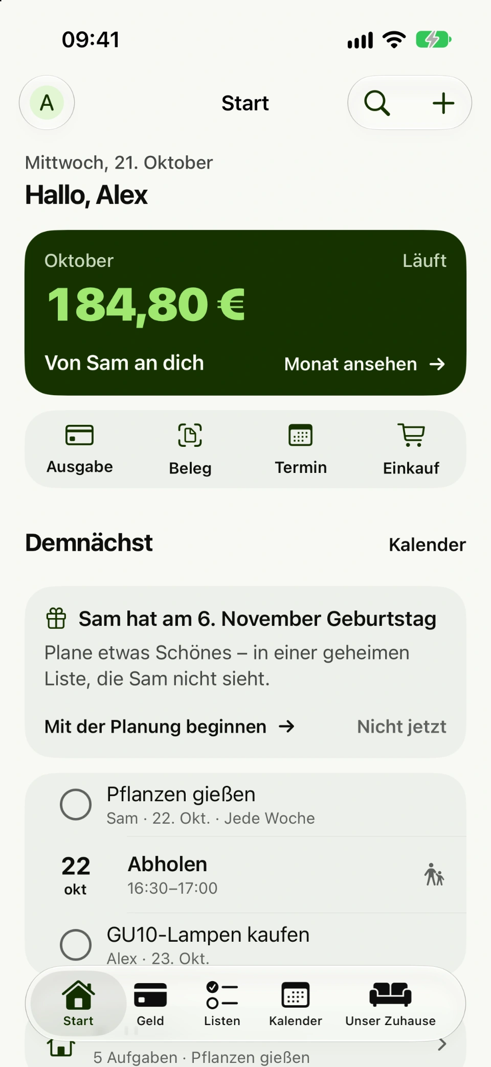 Der Startbildschirm von Sambo: der Monat auf einen Blick, die Einkaufsliste und was demnächst ansteht