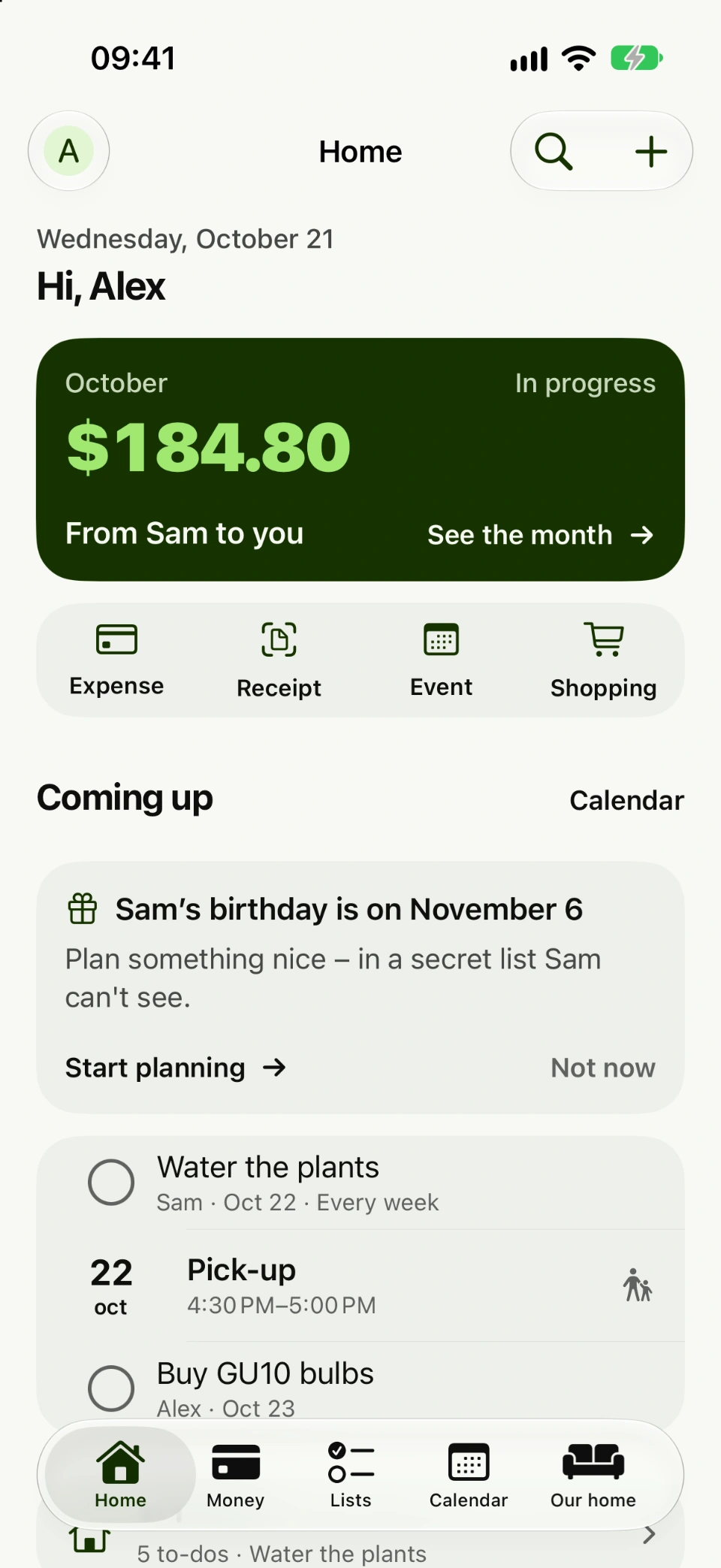 Sambo's home screen: this month at a glance, the shopping list and what's coming up