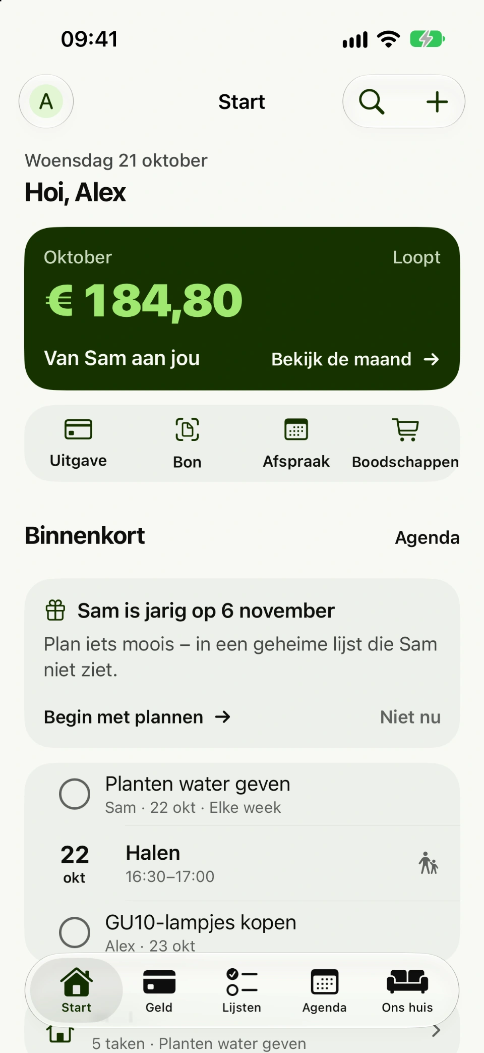 Het startscherm van Sambo: de maand in één oogopslag, de boodschappenlijst en wat er binnenkort gebeurt