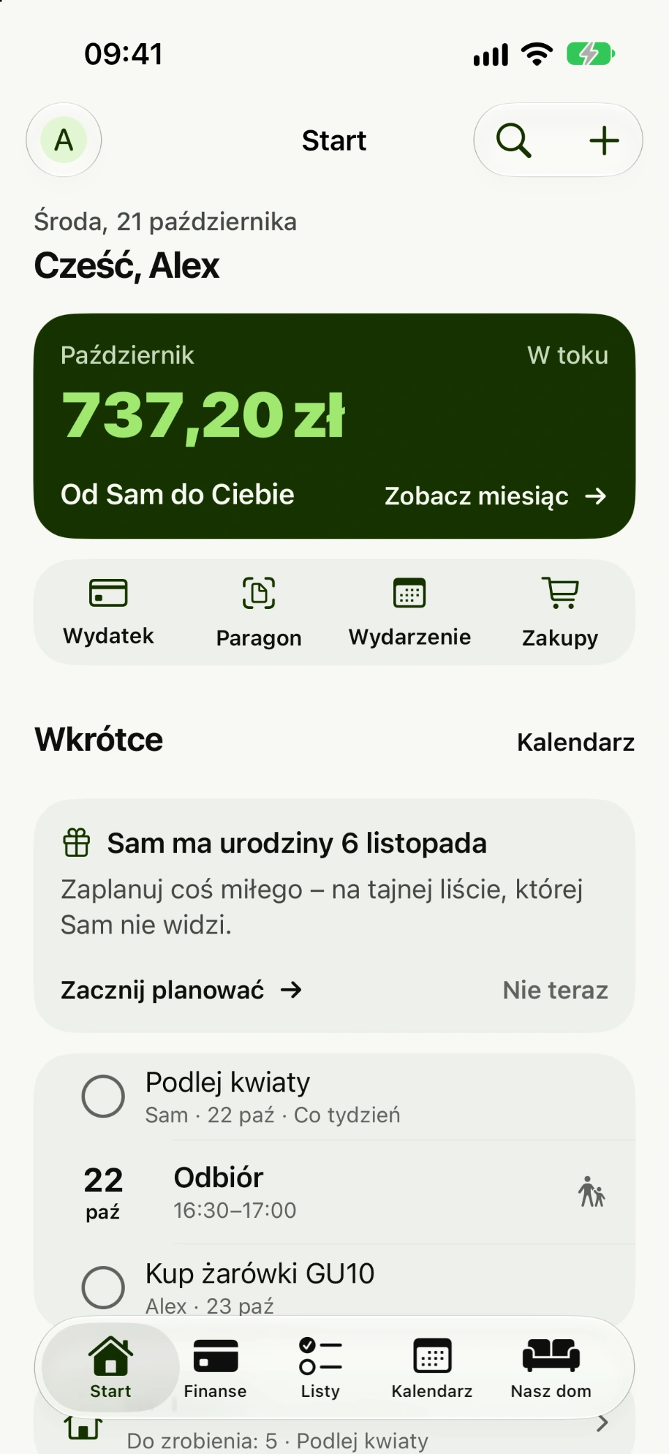 Ekran startowy Sambo: miesiąc w skrócie, lista zakupów i to, co wkrótce