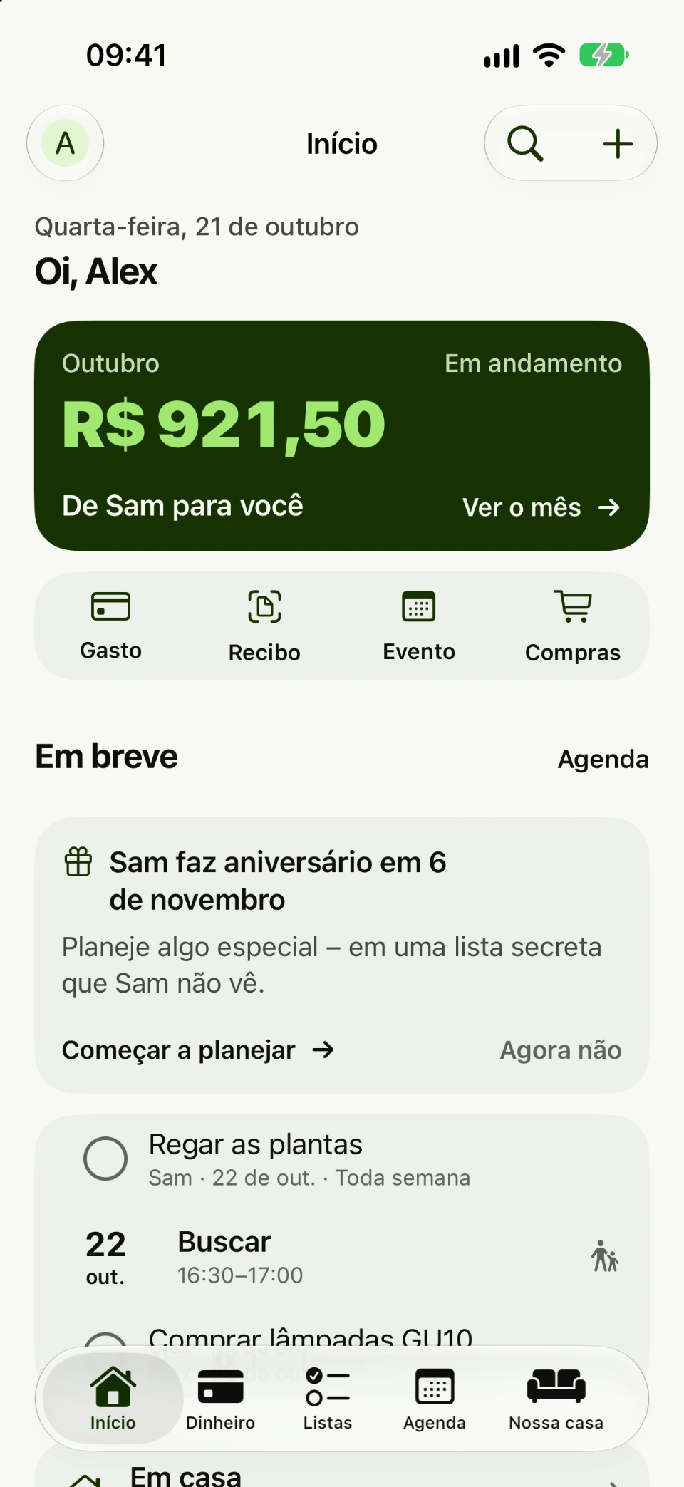 O tela inicial do Sambo: o mês em resumo, a lista de compras e o que vem a seguir